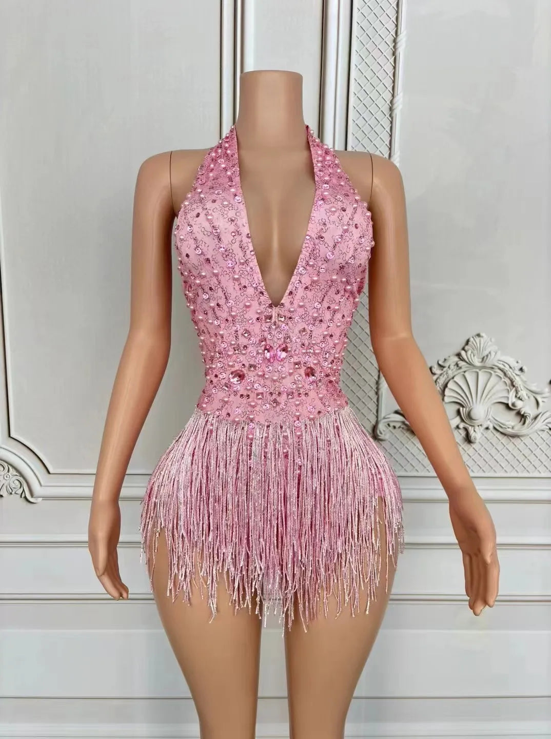Luxury Deep V Pink Tassel Jumpsuit