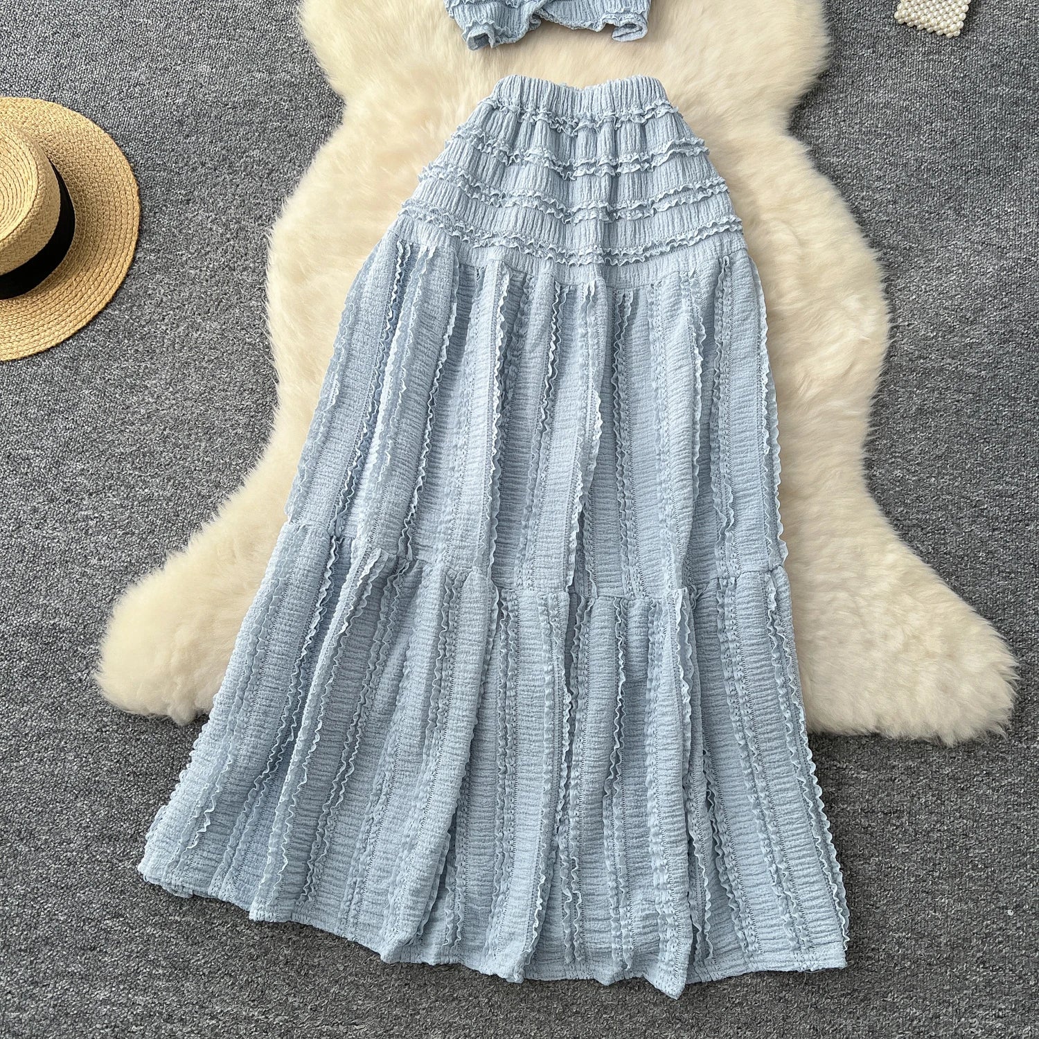 Casual Single Breasted Mini Camisole+Elastic Waist A Line Fold Slim Skirt Two Piece Sets