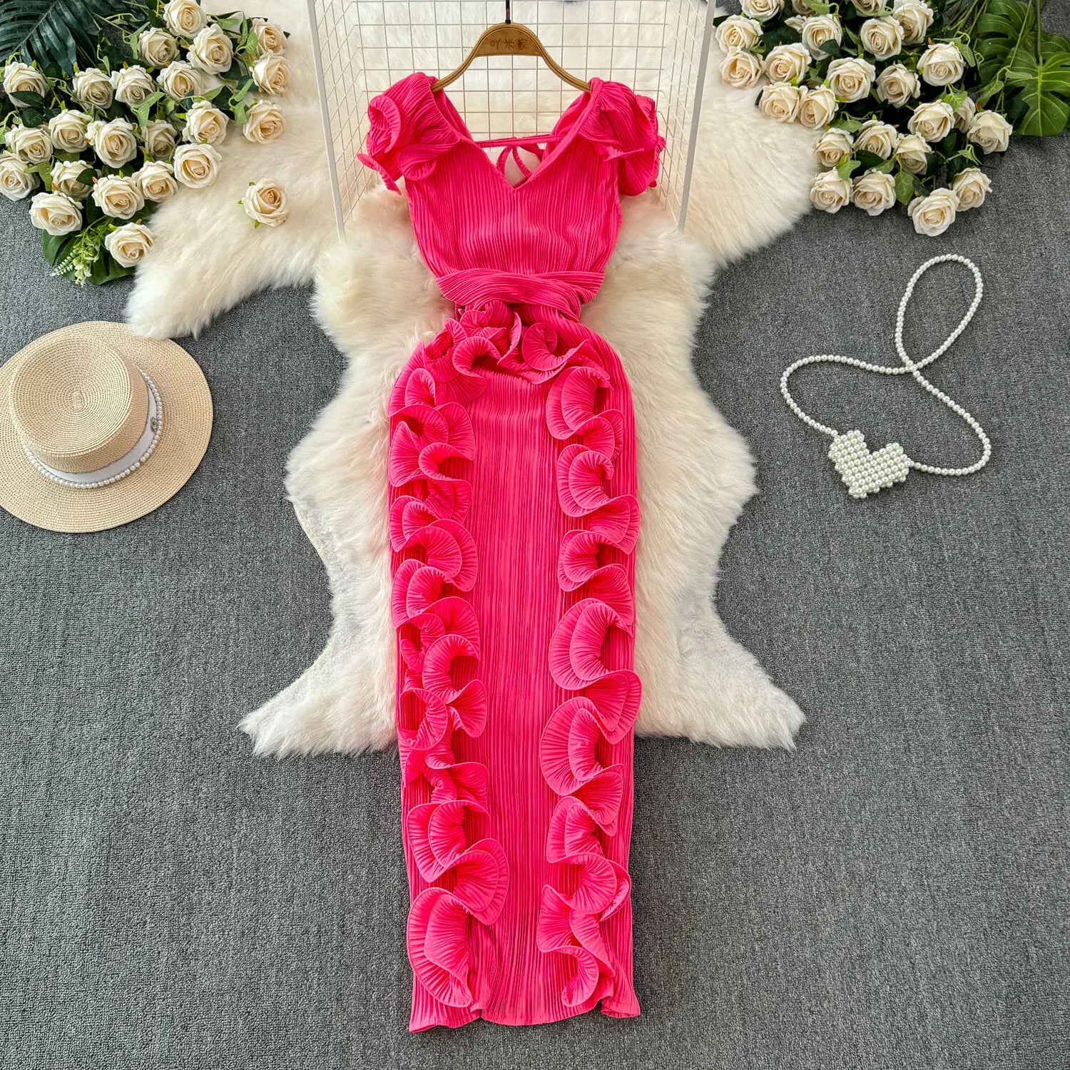 Elegant Pleated Ruffles High Waist Slim Long Dress