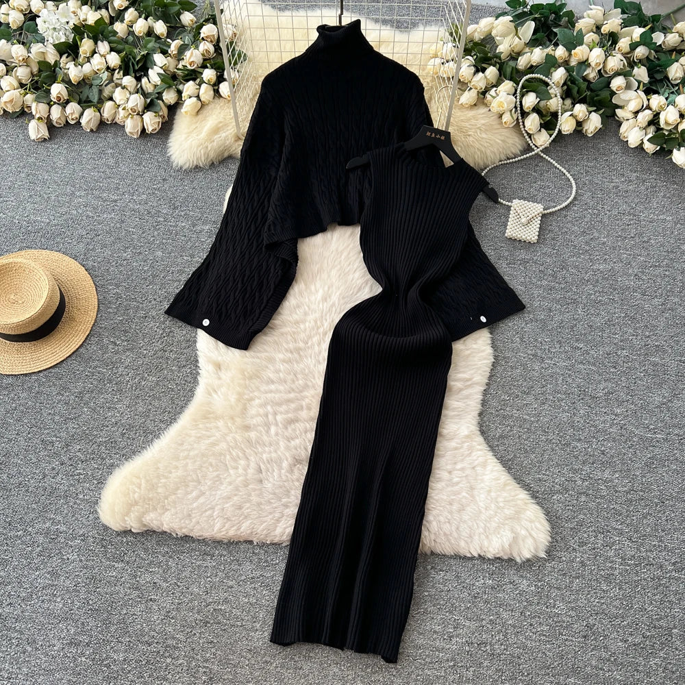 Turtleneck Sweater Suits Batwing Sleeves Short Pullovers+Bodycon Tank Dress Knitted 2Pcs Sets