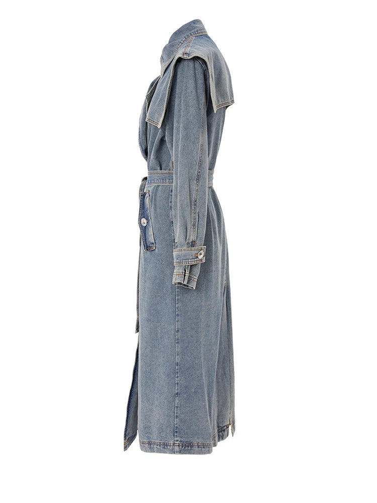 Blue Denim Big Size Long Trench Lapel Long Sleeve Loose Fit Windbreaker
