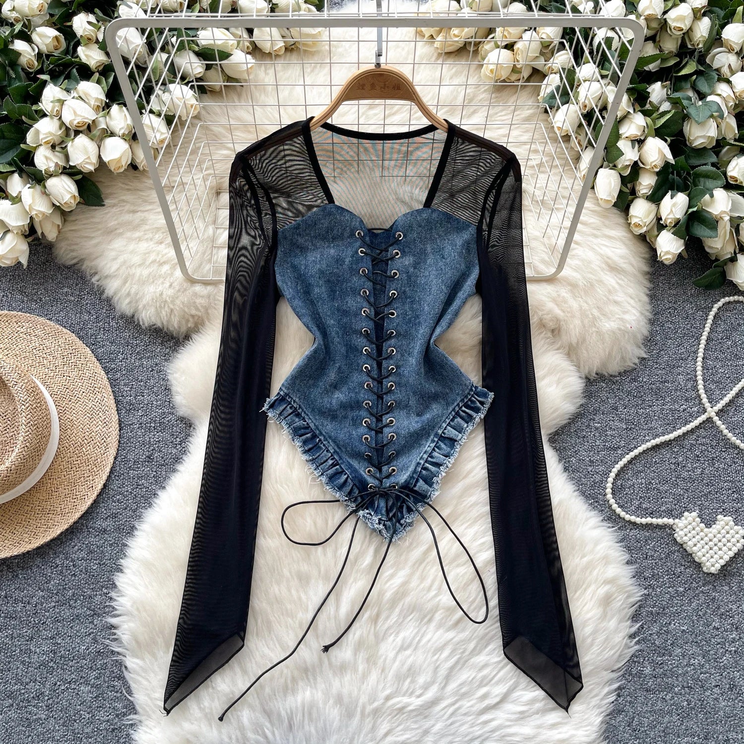 Retro Patchwork Long Sleeves Sheer Lace Up Denim Bodysuit