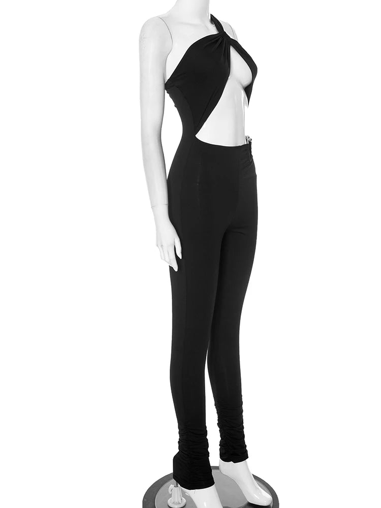 Hollow Out Irregular Single Shoulder Strap Sleeveless  Jumpsuits