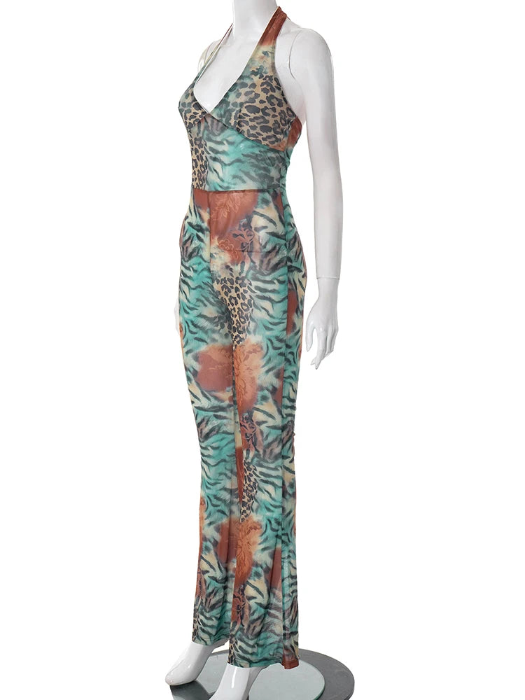 Leopard Print See Through V-Neck Halter Bandages Backless Jumpsuit