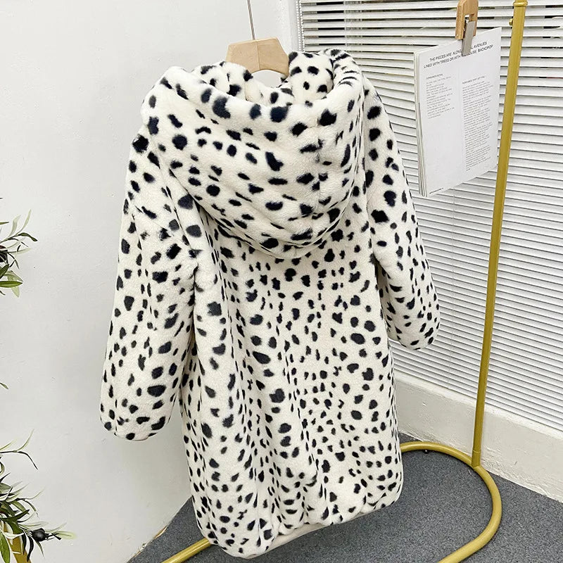 Leopard Faux Fur Long Coat  Sporty Hooded Fake Rabbit Fur Plush Eco-coats