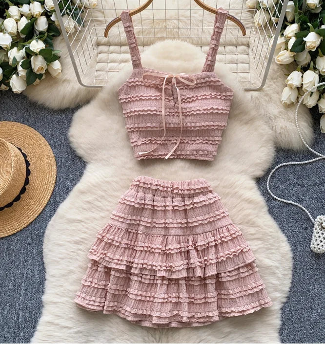 Sleeveless Tank Top and Ruched Mini A-line Skirts Two Piece Set