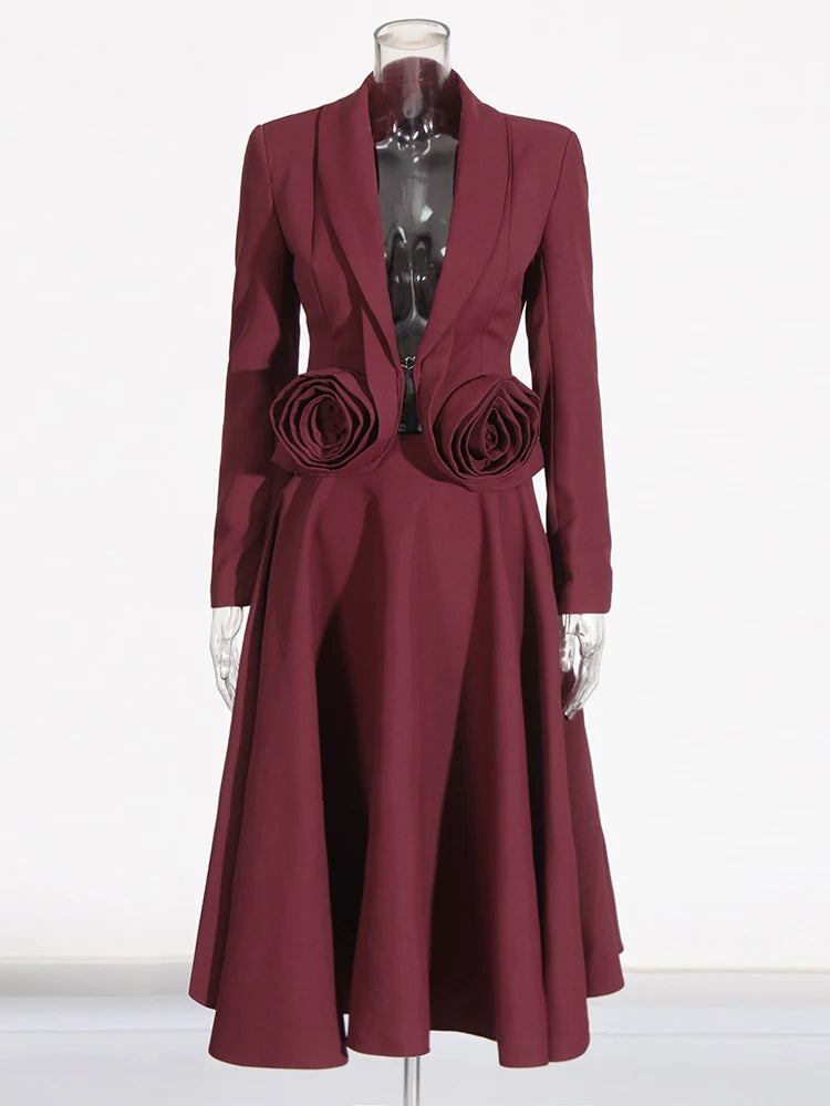 Two Piece Set Lapel Long Sleeve Spliced Appliques Coats High Waist A Line Skirt Set