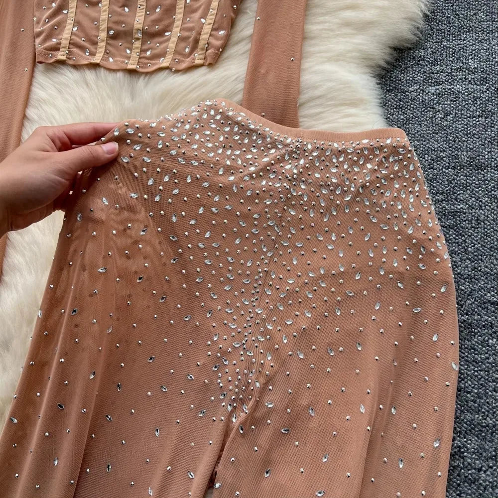 See Through Mesh Rhinestone Chic Two-piece Sets