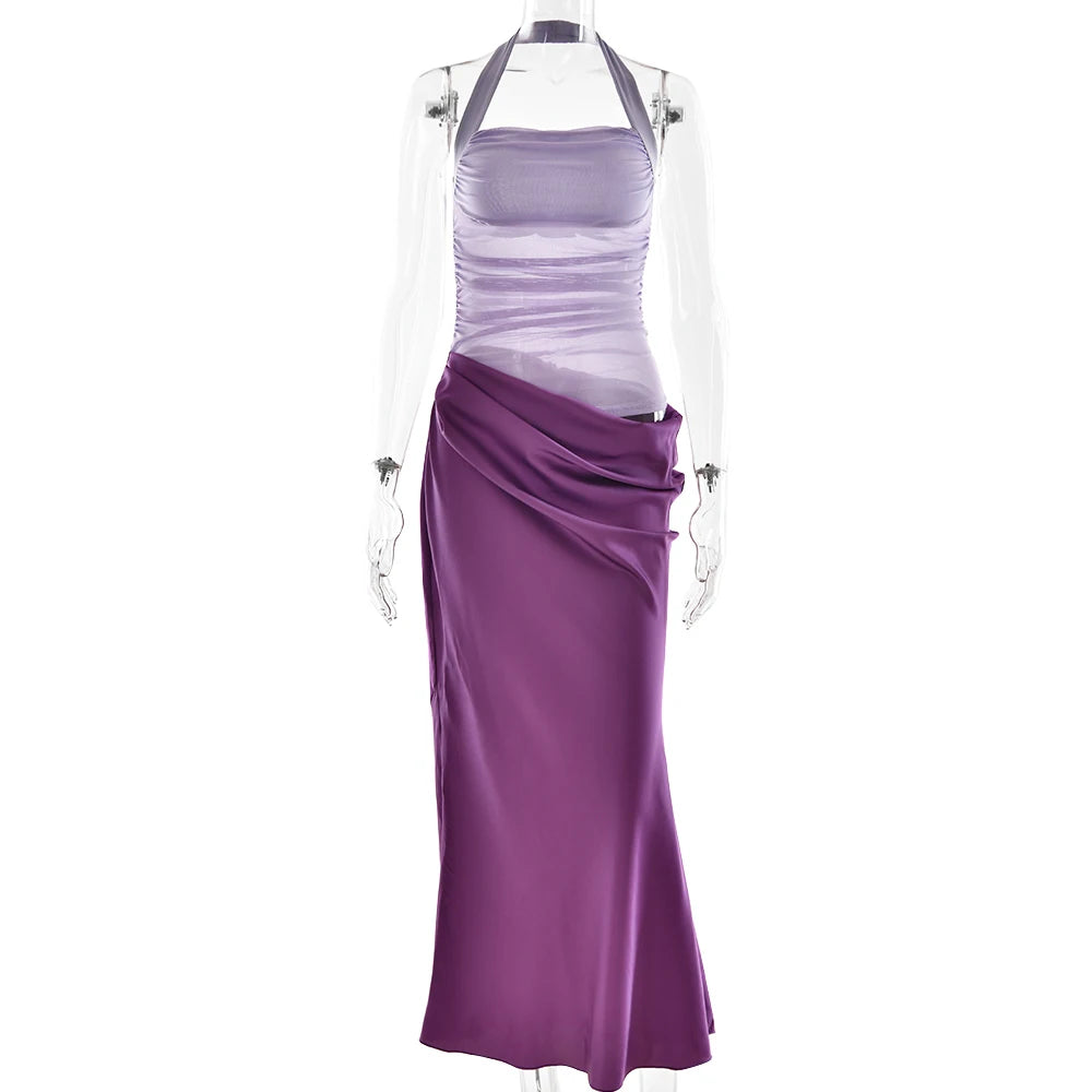 Patchwork Hollow Out Halter Maxi Dress