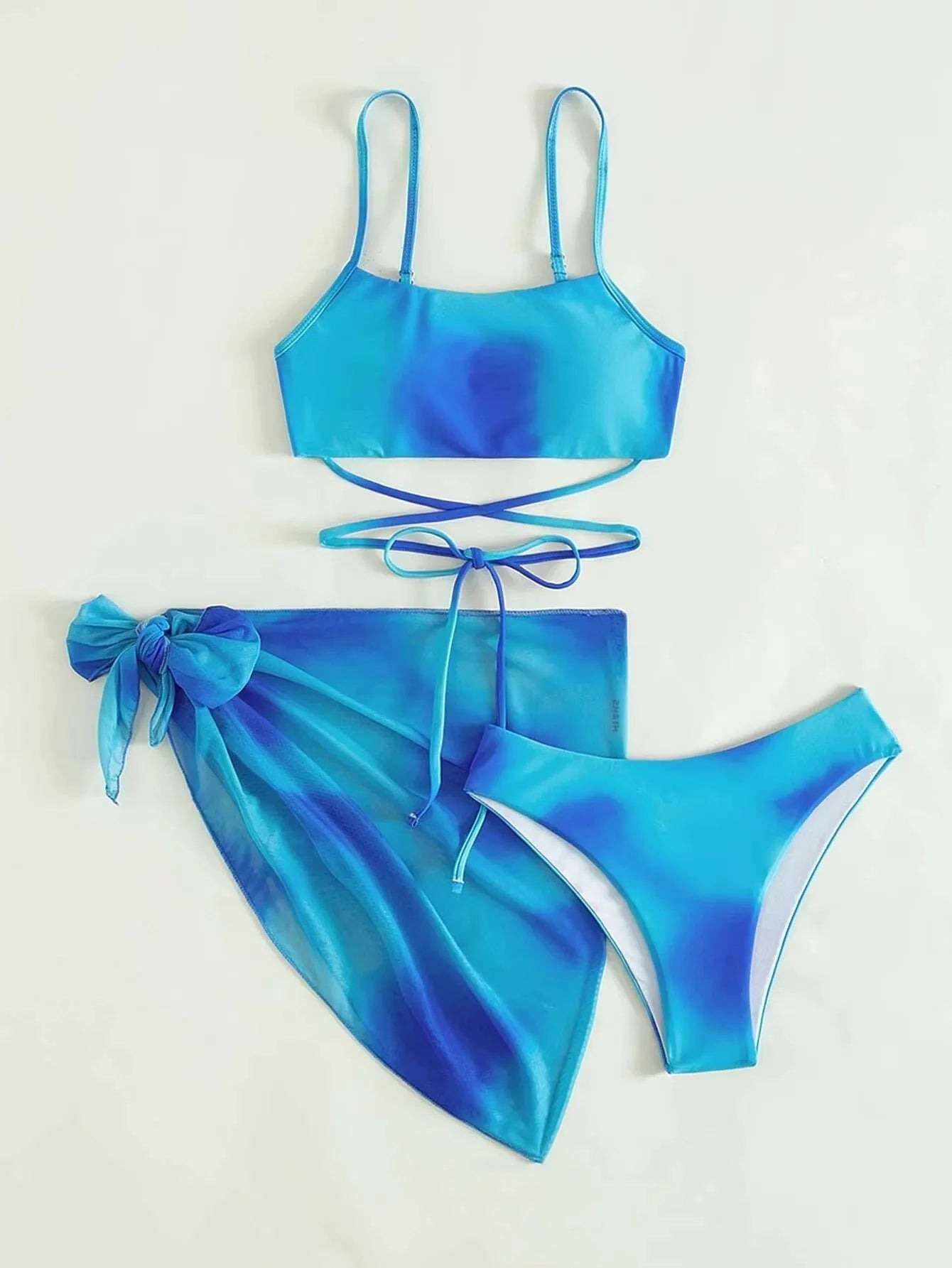 Tie Dyed Split Bikini Sexy Hip Lifting Mesh Gradient Beach Three Piece Set Cross Swimwear