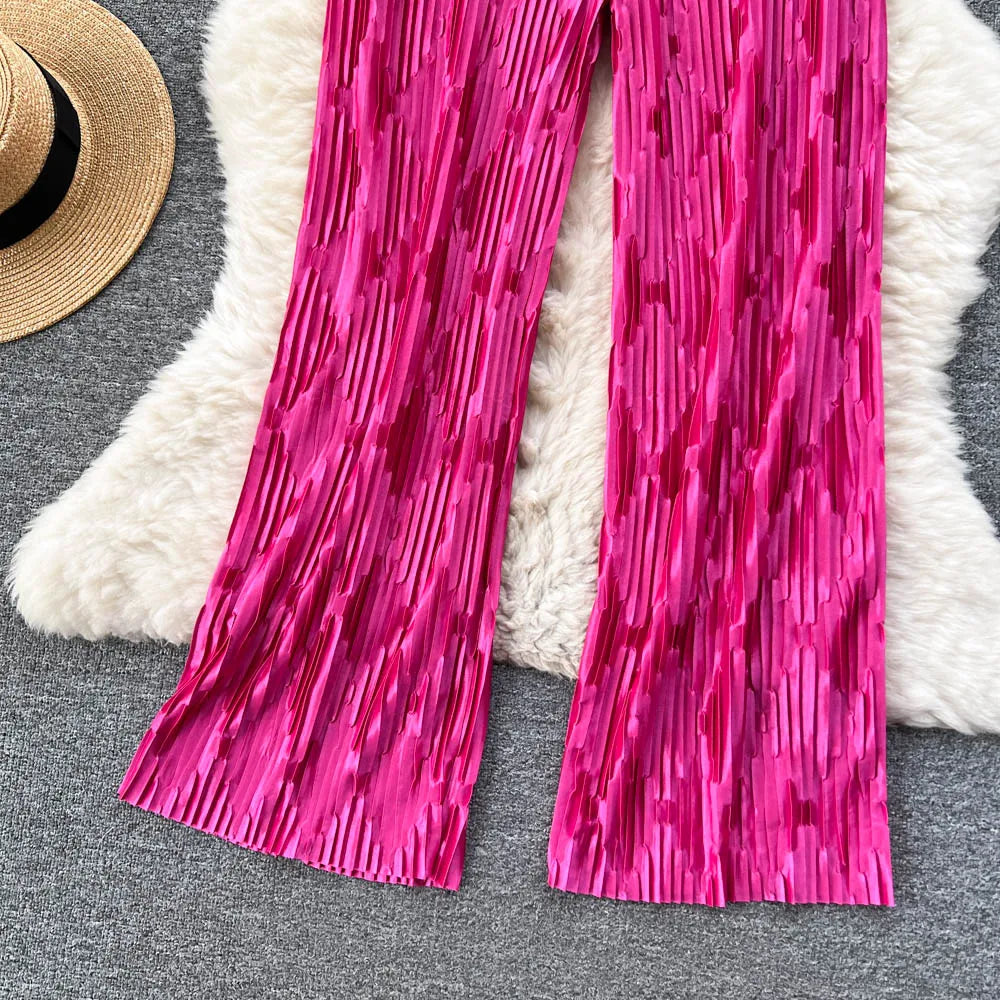 Pleated Vintage Striped Long High Waist Wide Leg Trousers