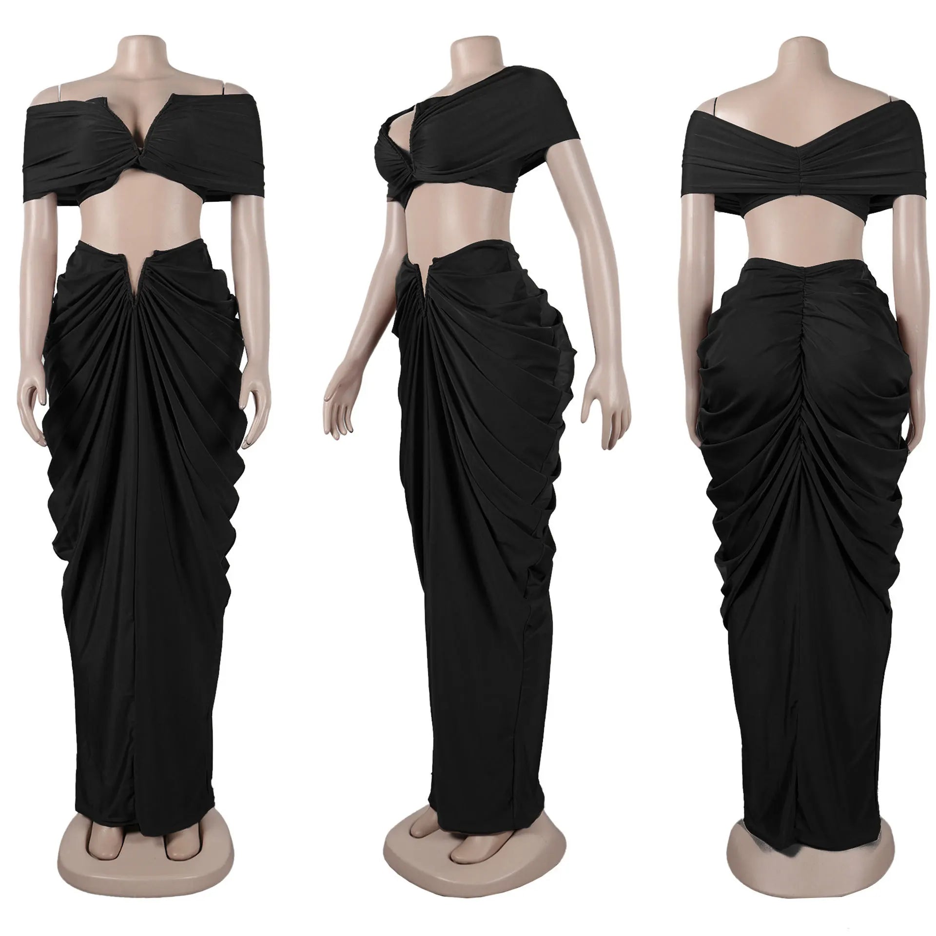 Stacked Ruched Off Shoulder Crop Top and Low Waist Maxi Long Skirts Two Piece Sets