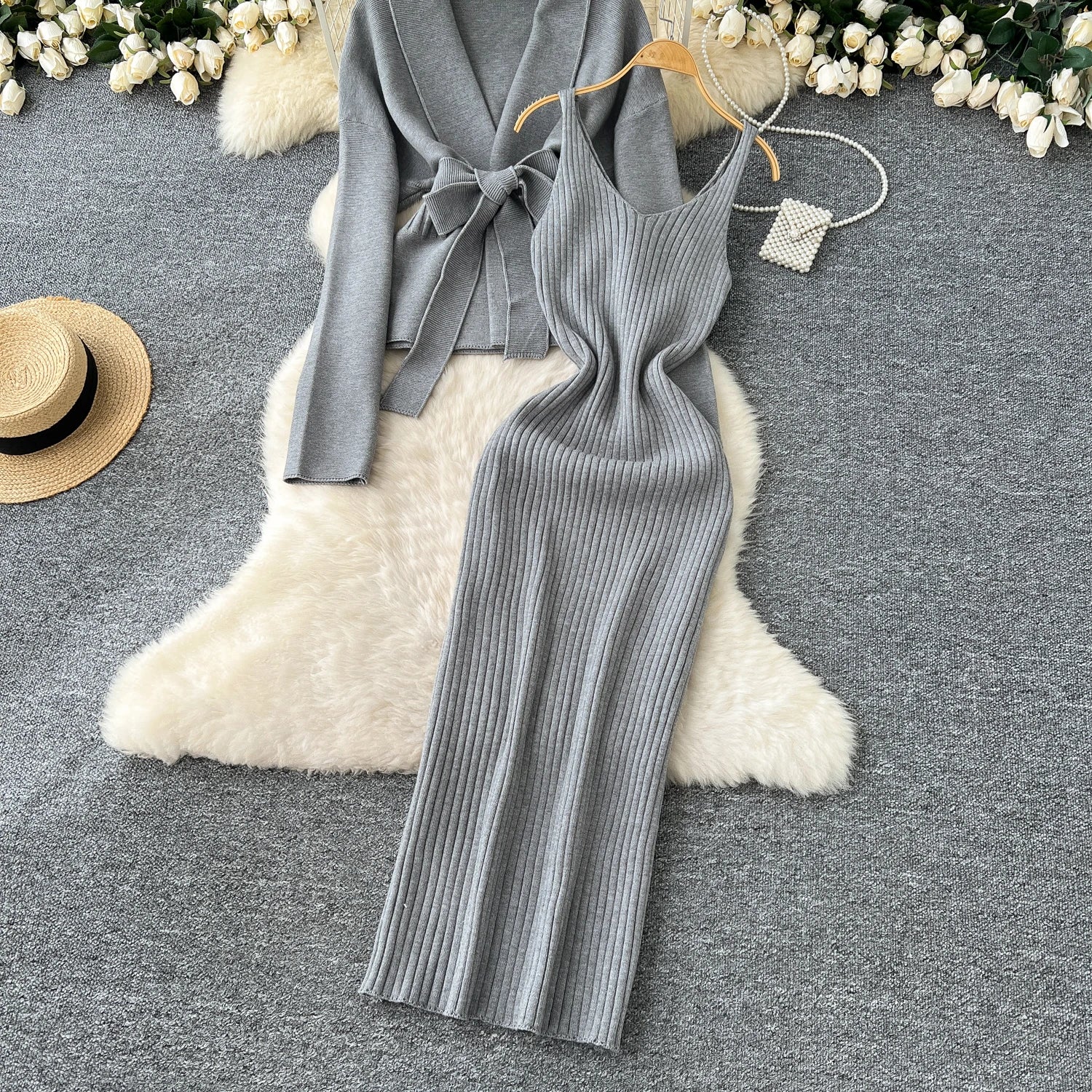 Lace Up Slim Cardigan+Sling Long Bodycon Solid Sweater Dress Two Piece Set