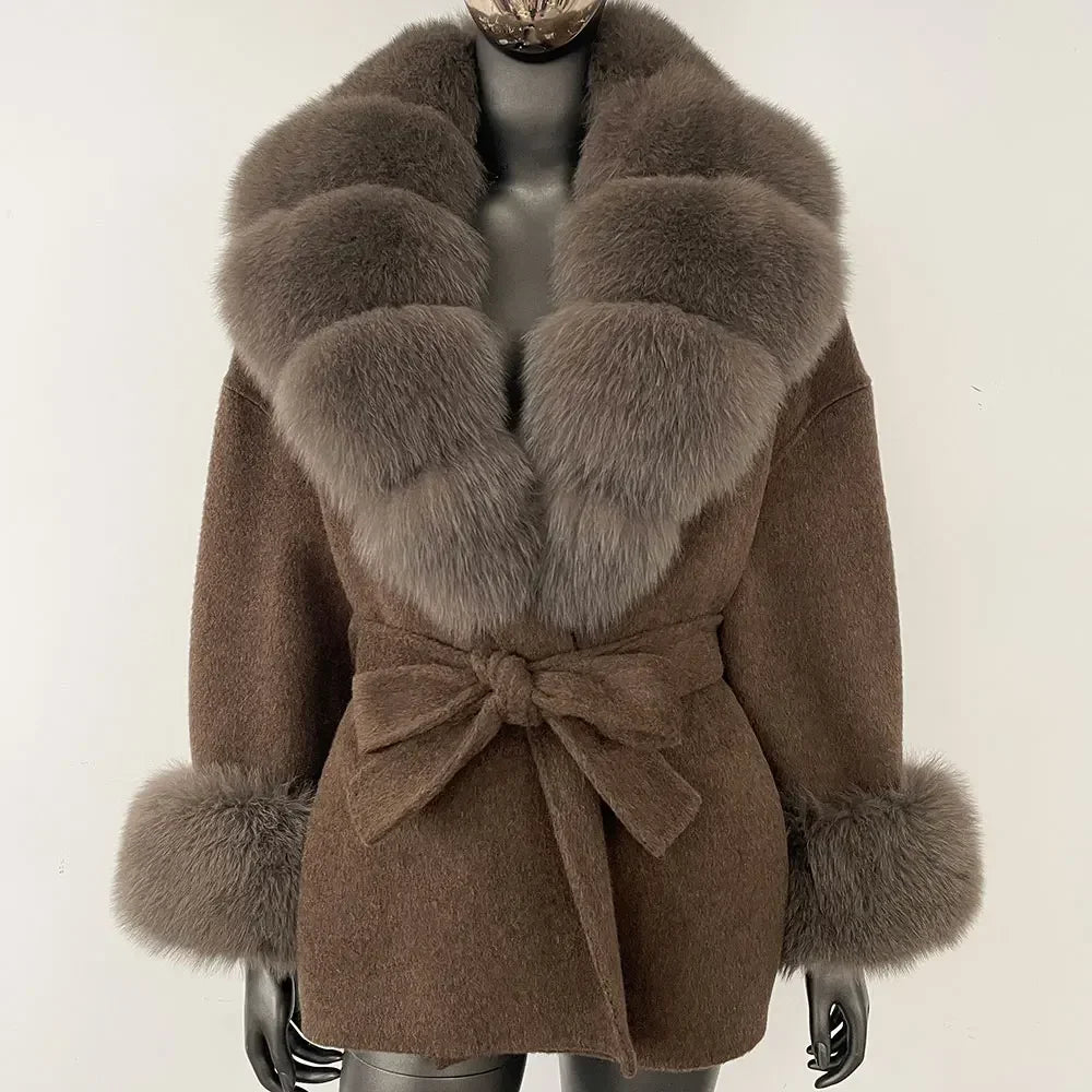 Winter Loose Outerwear Casual Natural Real Raccoon Fox Fur Blends Wool Coat