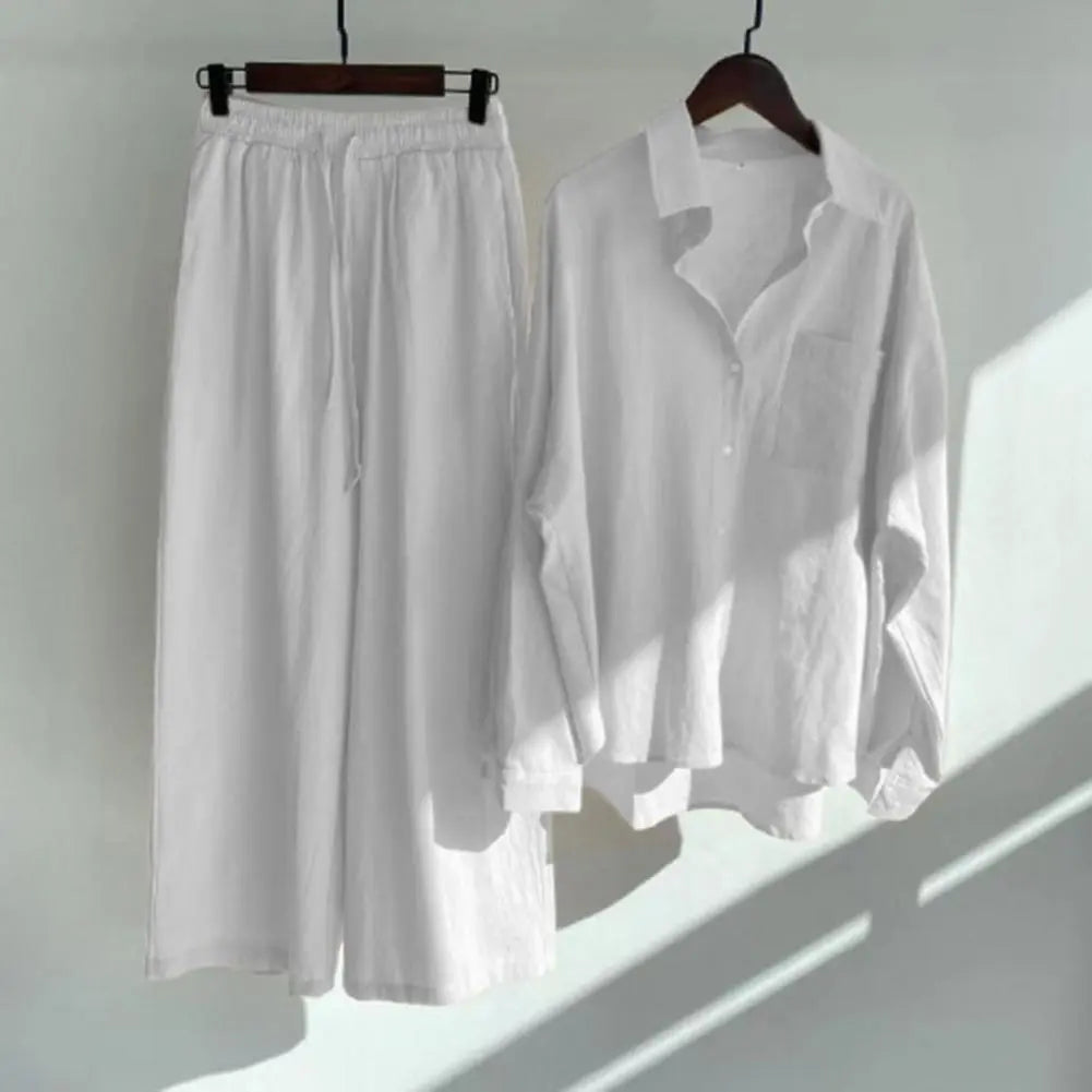 Cotton Linen  Long Pants Set Two Piece Set Vintage Long Sleeve Button Blouse Casual Suits