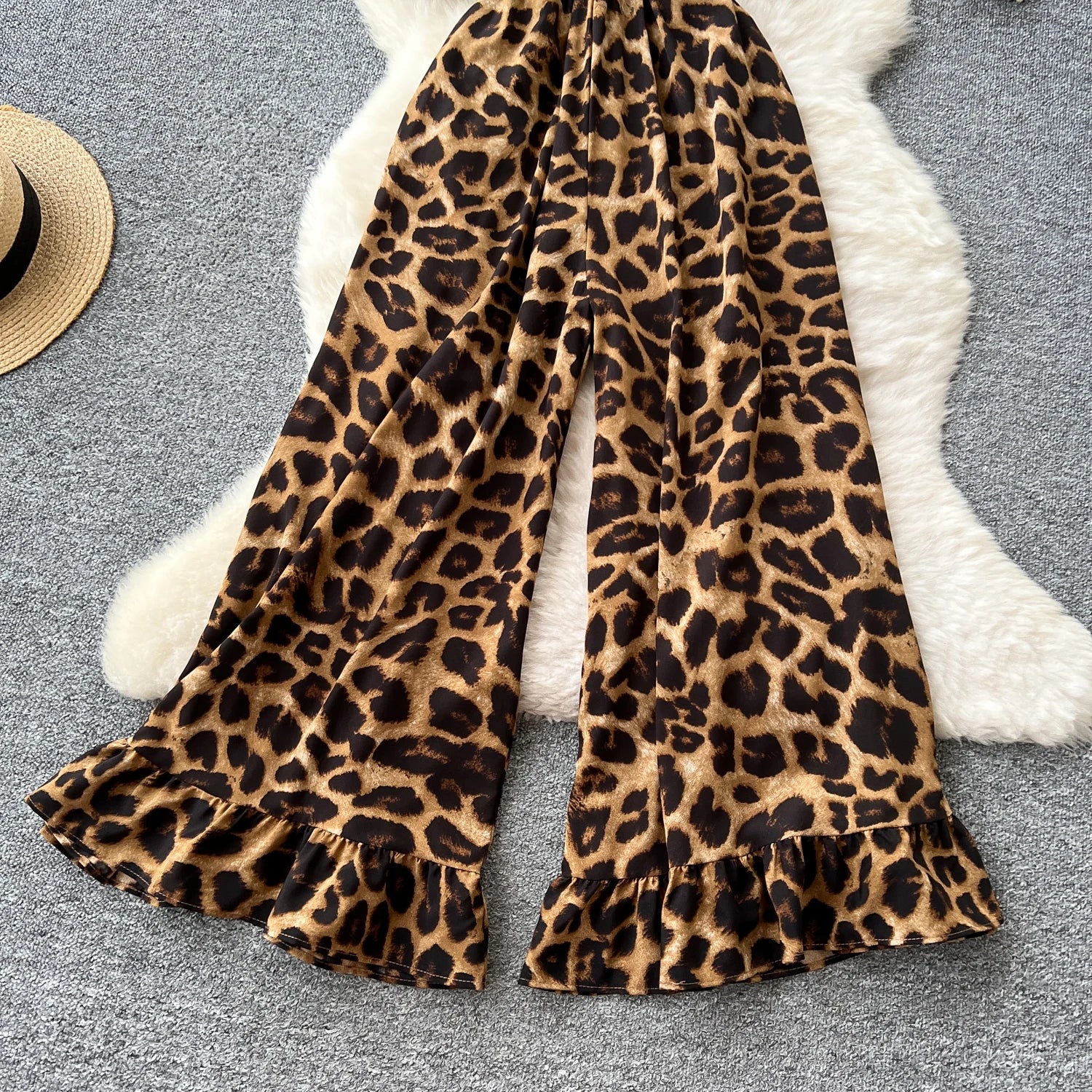 Flared Sleeves Elastic Waist Slim Fit Leopard Print Long Rompers Jumpsuit