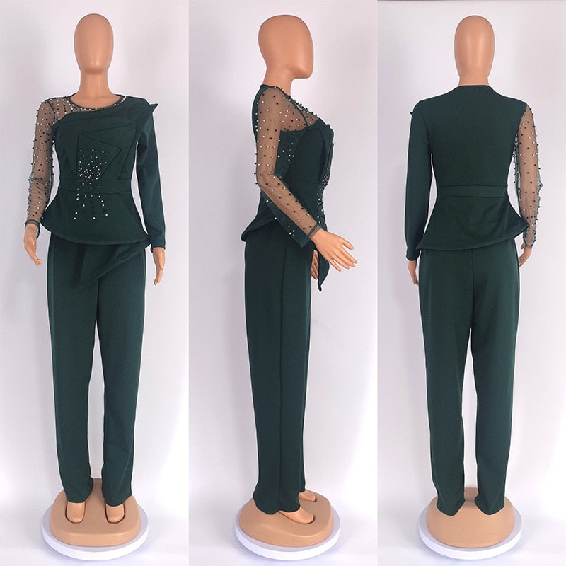 Vintage Ruffles Fan-shaped Blazer Tops and Pants Suit