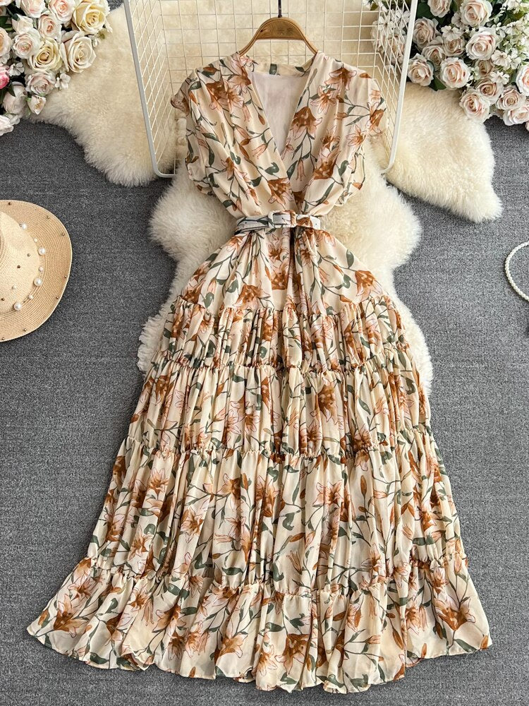 Chiffon Vintage Elegant V-Neck Dress