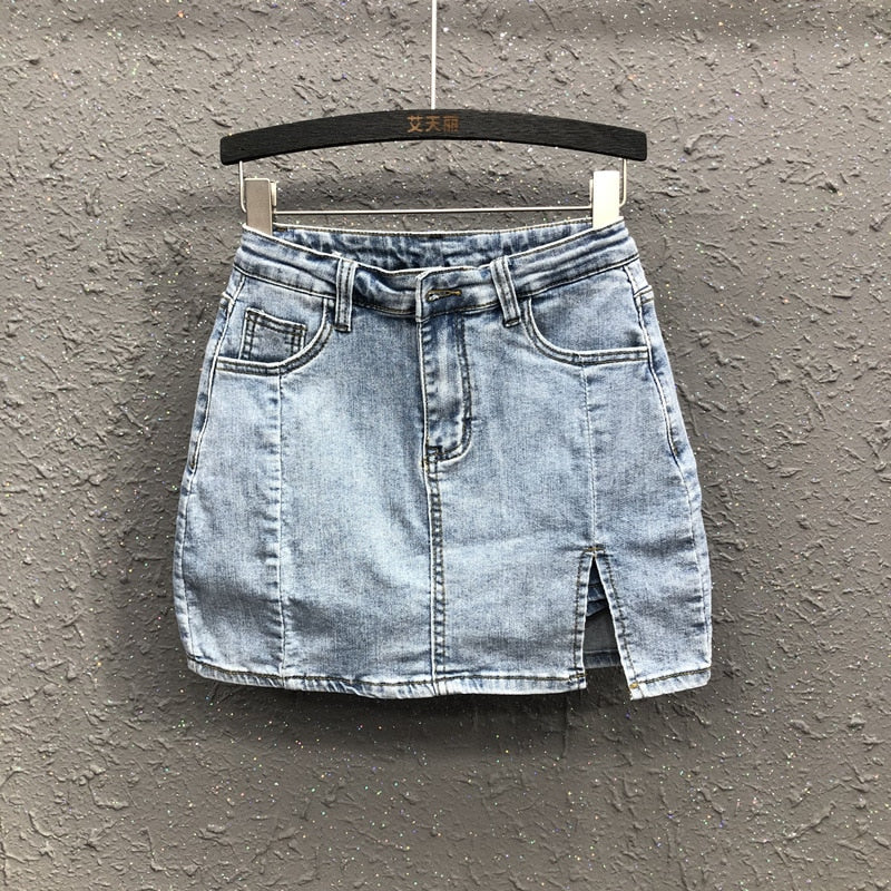 Korean split high waist thin denim skirt