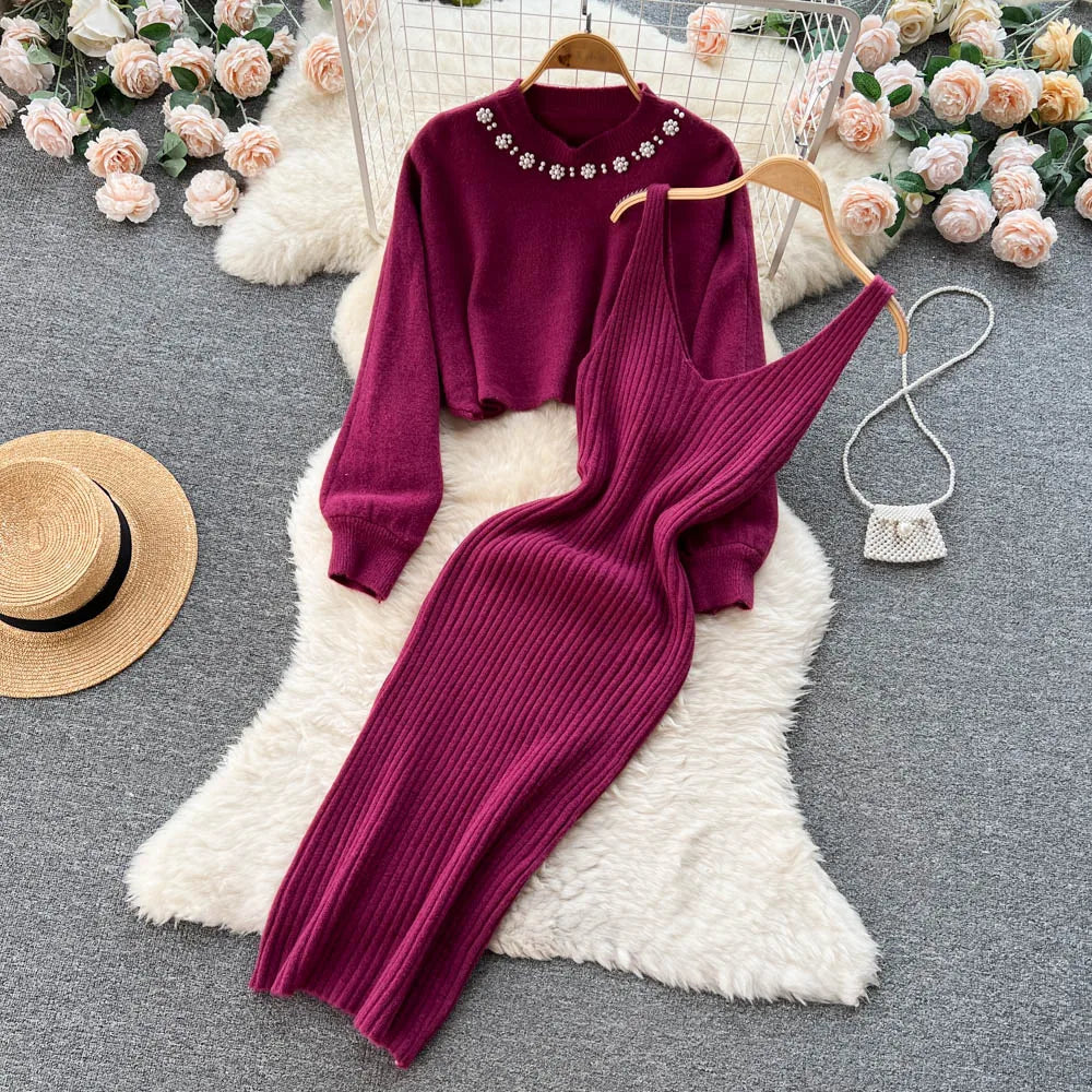 Knitted Sets Long Sleeve Pearl Sweater+Knitted Dress Sweater Suits