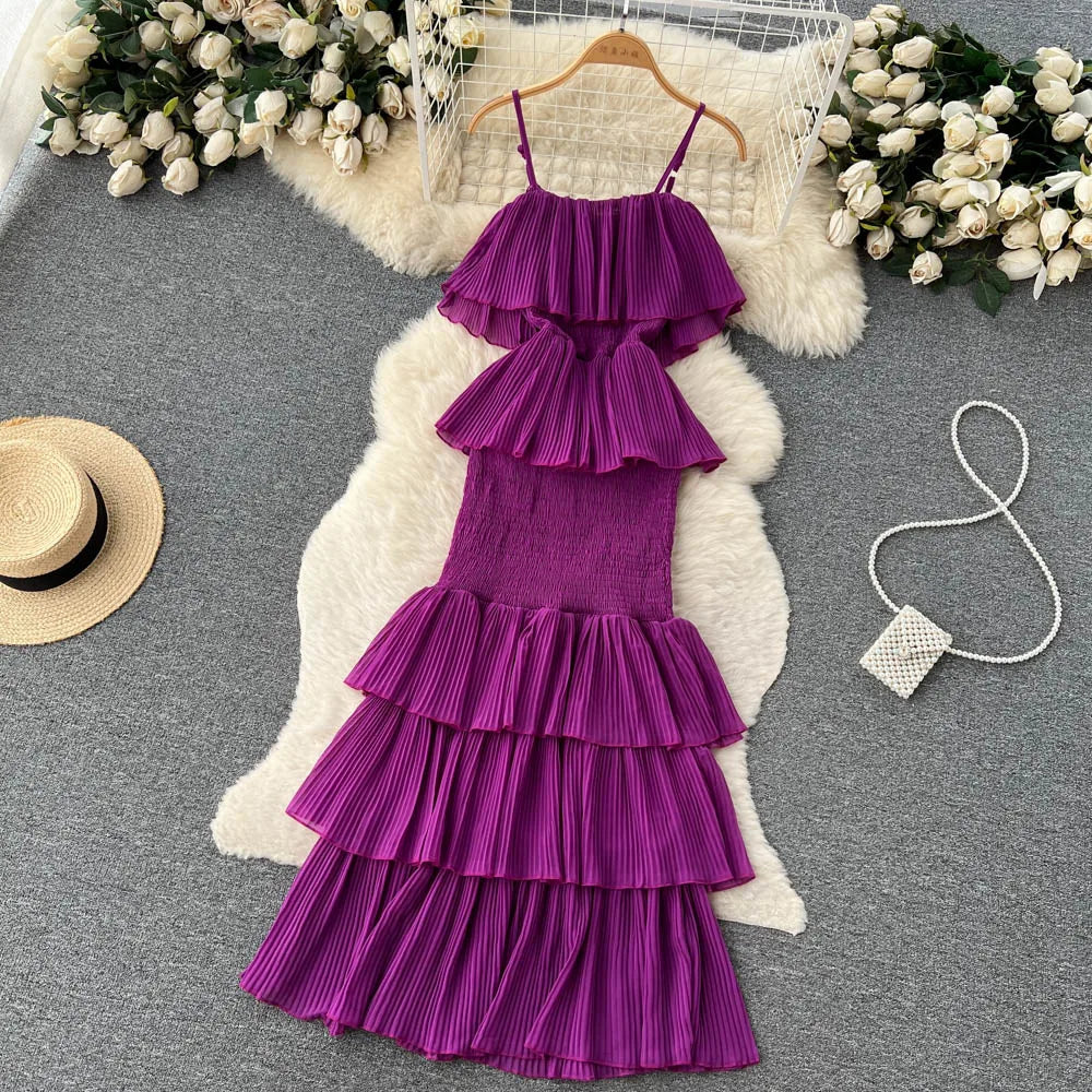 Ruffles Pleated Strapless Sleeveless Slim Dress