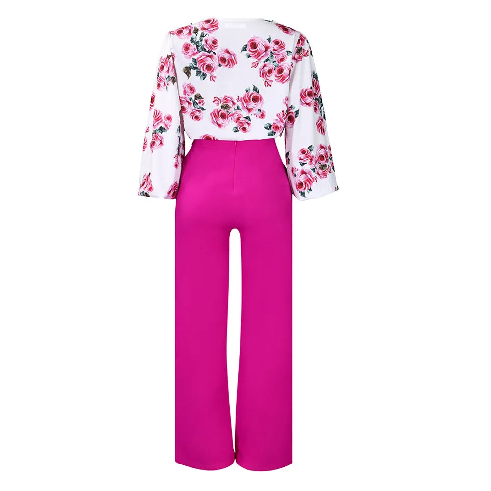 Two Piece Sets Slim Fit Print Floral Round Neck Lantern Sleeve Elegant Splice Wide Leg Long Pants