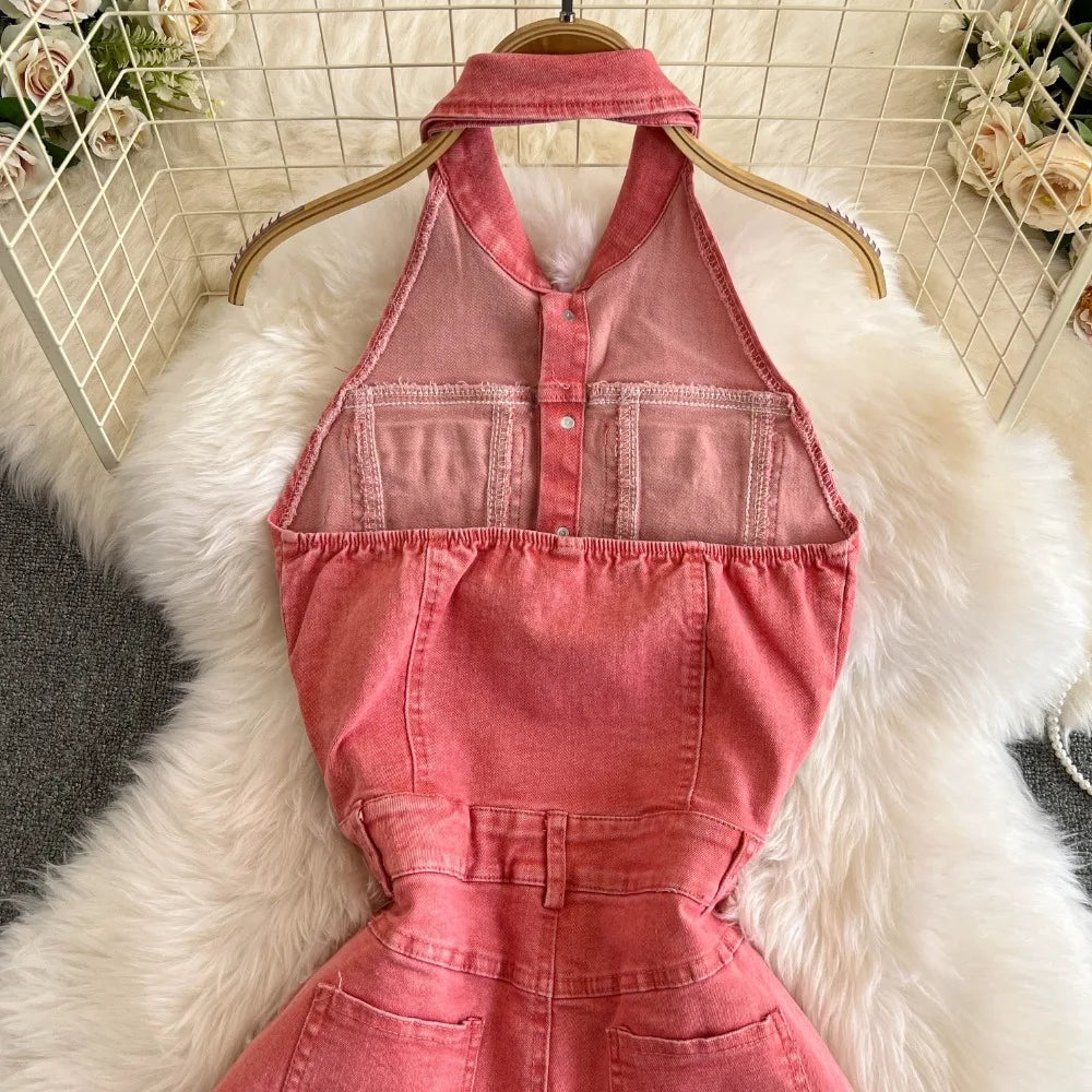 Vintage Turn-down Collar Sleeveless Bodysuit Jumpsuit