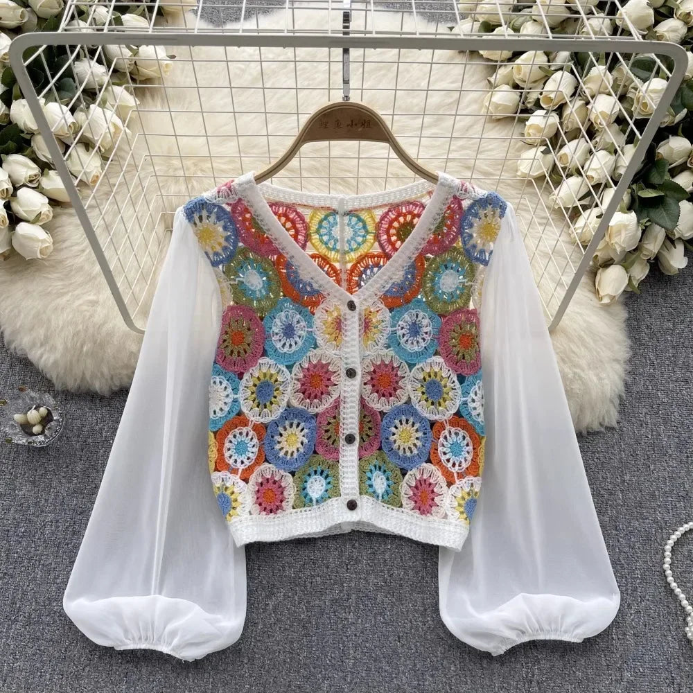 Knitting Crochet  Hollow Out Long Lantern Sleeve Blouse