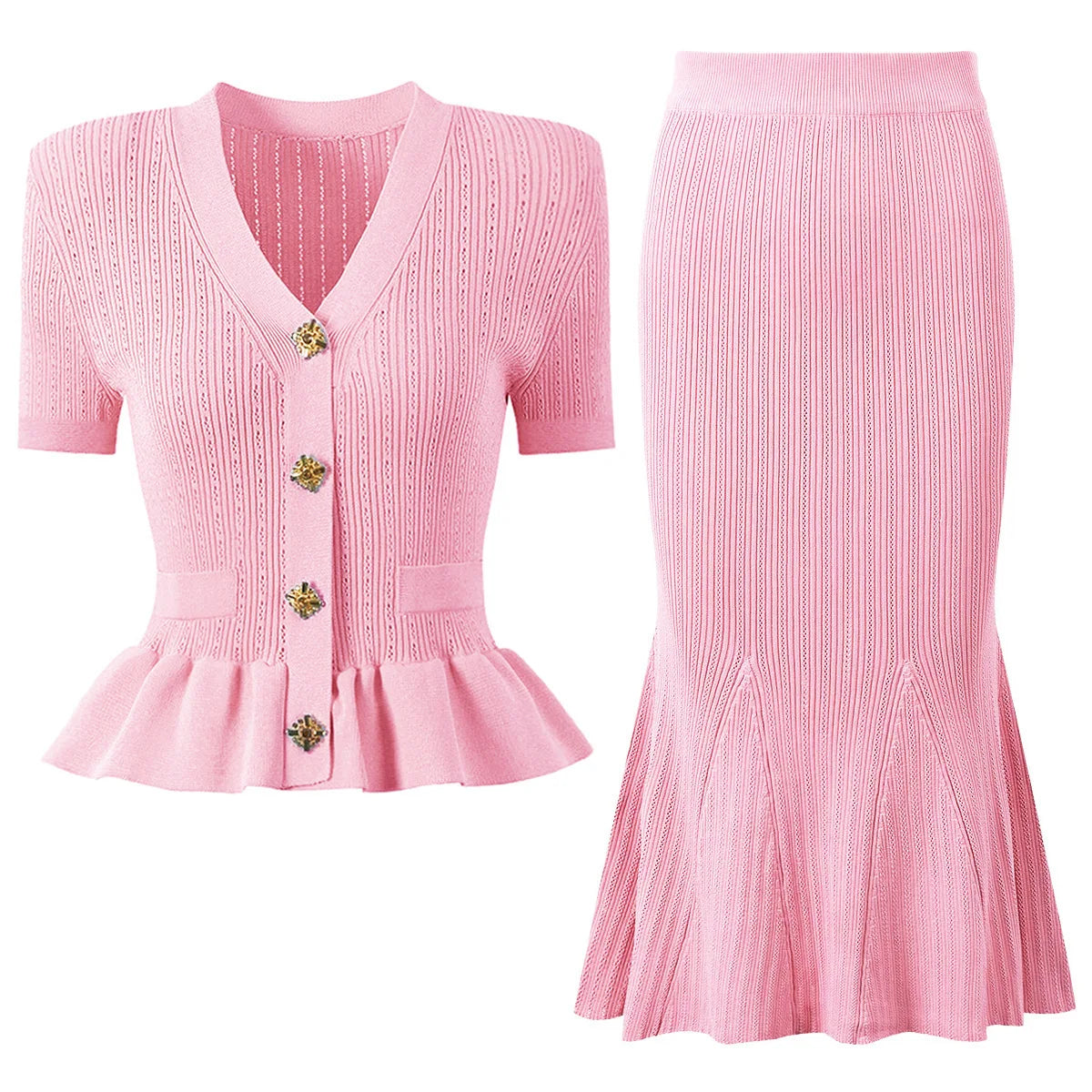 Knitted Two Piece Set Short Sleeve Knitting Cardigan Fishtail Long Skirt Suit