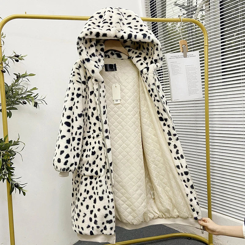 Leopard Faux Fur Long Coat  Sporty Hooded Fake Rabbit Fur Plush Eco-coats