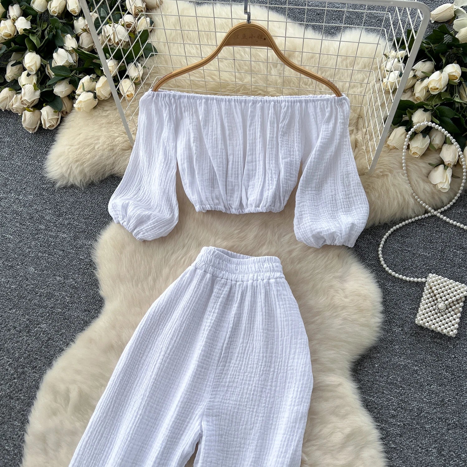 Lantern Sleeve Off Shoulder Crop Top+High Waist Wide Legs Pants Two Piece Set