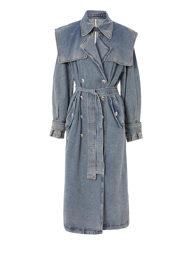 Blue Denim Big Size Long Trench Lapel Long Sleeve Loose Fit Windbreaker
