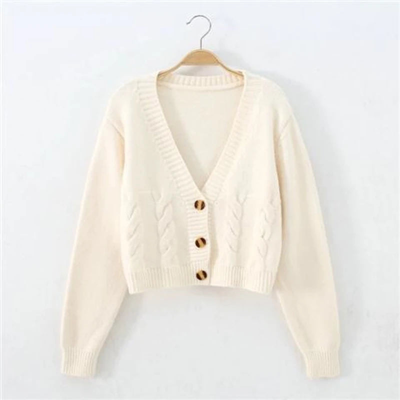 Autumn Winter Short Cardigan Breasted High Waist  Knitted Tops