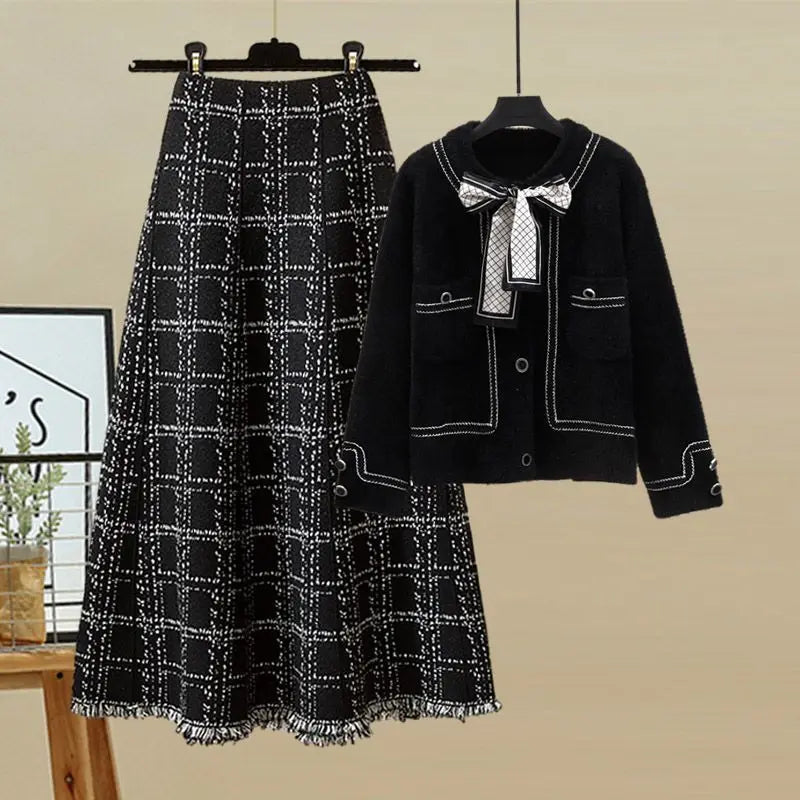Bow Tie Cardigan Plaid Skirt Two-piece Set
