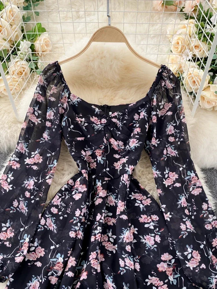 V-neck Puff Sleeves Folds Slim Floral Wide-leg Playsuit Jumpsuit