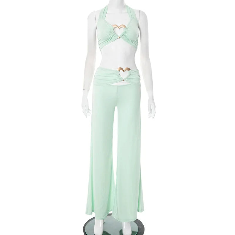 Metal Heart Buckle Lace Up Halter Backless Crop Tops + Wide Leg Pants Set