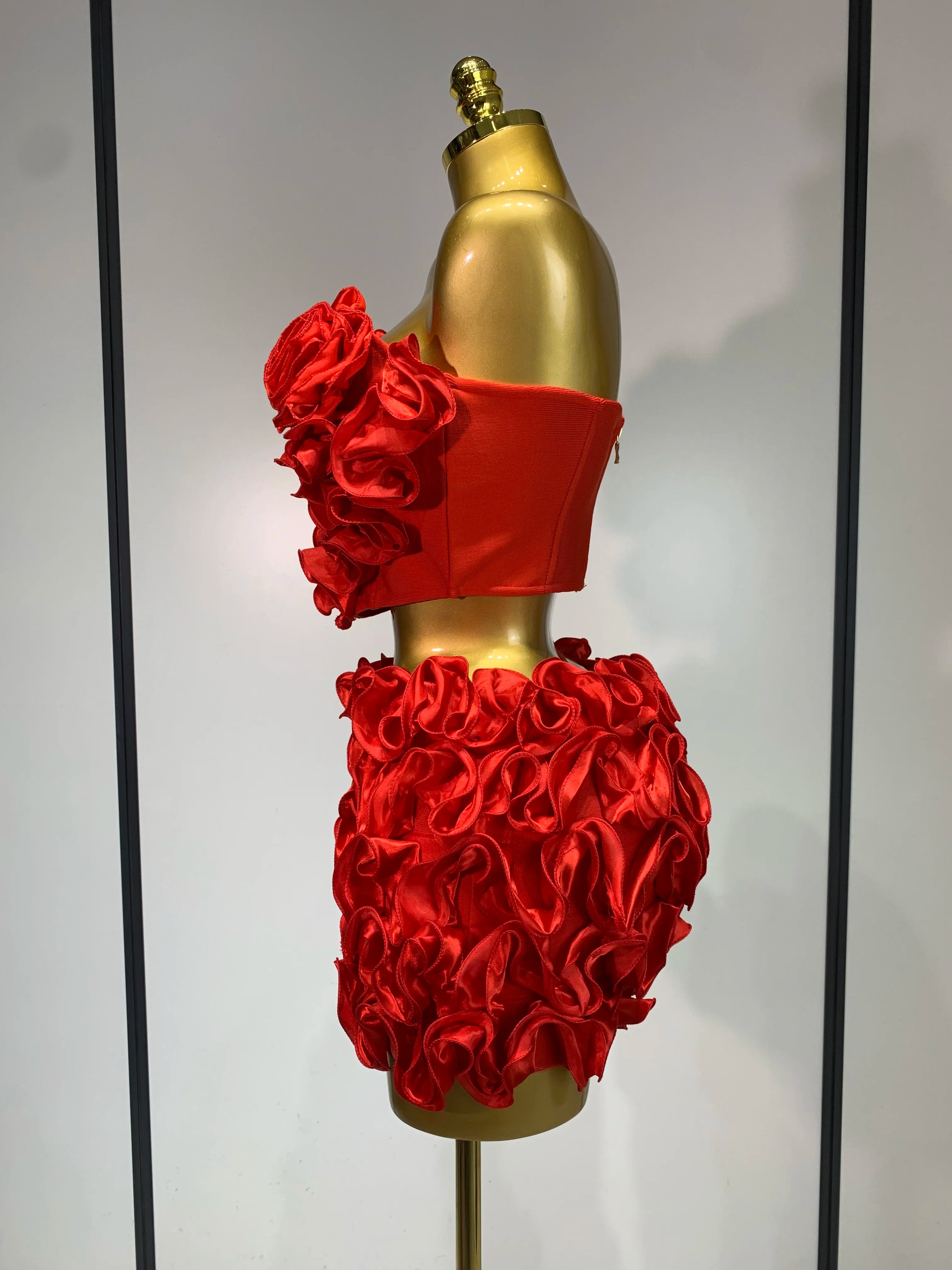 Strapless Red flower Top With Mini Skirt Bodycon Bandage Two Pieces Set