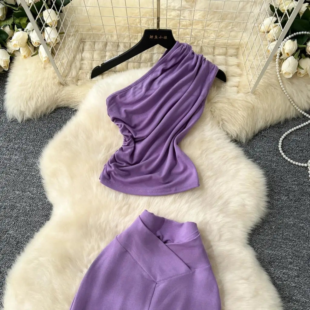 Two Pieces Sets Elegant Chic Skew Collar Pleated Tops + High Waist Flare Casual Pants  Outfits