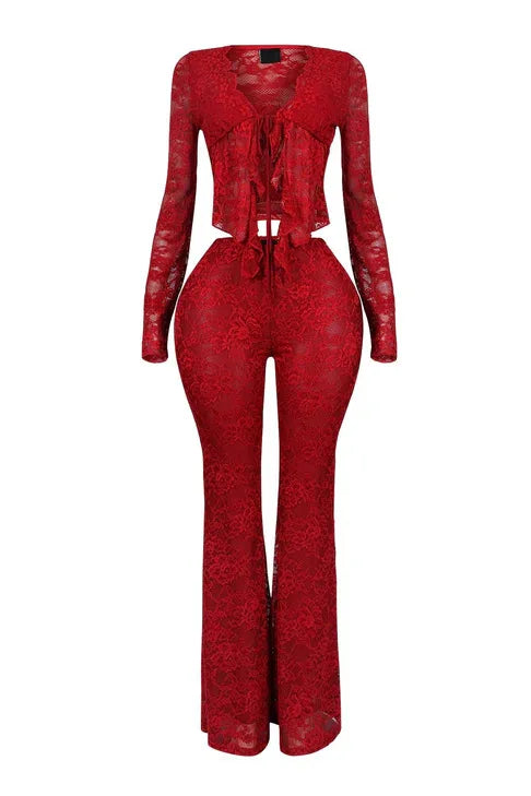 Long Sleeve Lace See Through Shirt + Long Pants Two Piece Sets