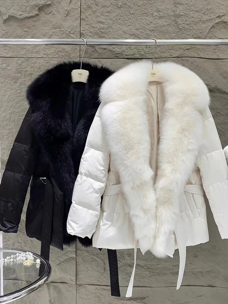 Natural Fox Fur Collar Goose Down Warm Parkas Slim Coat