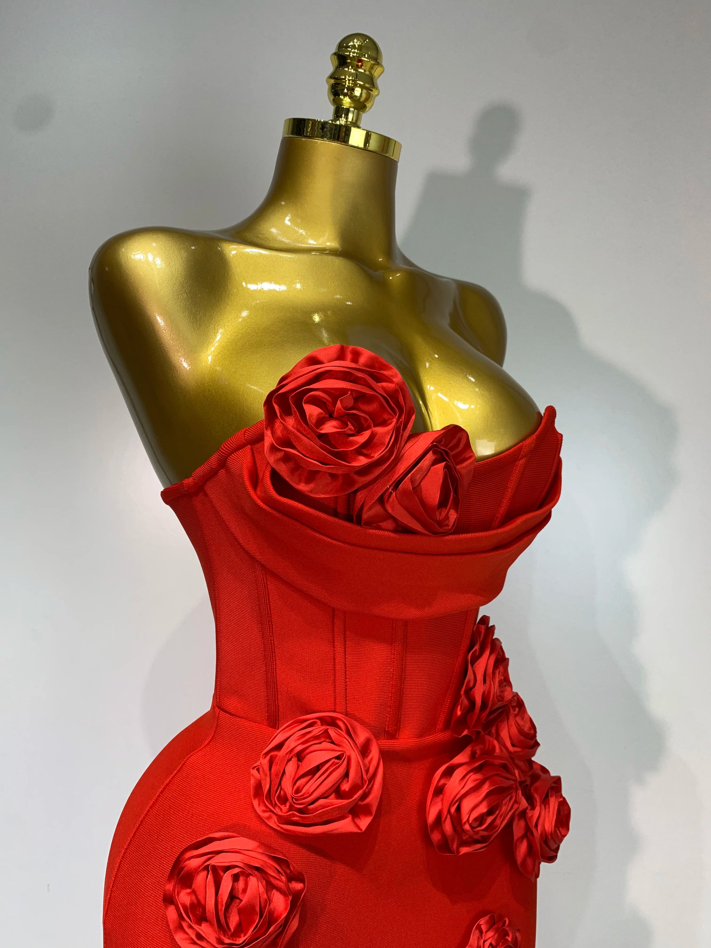 Strapless Backless Red Flower Midi Bandage Dress