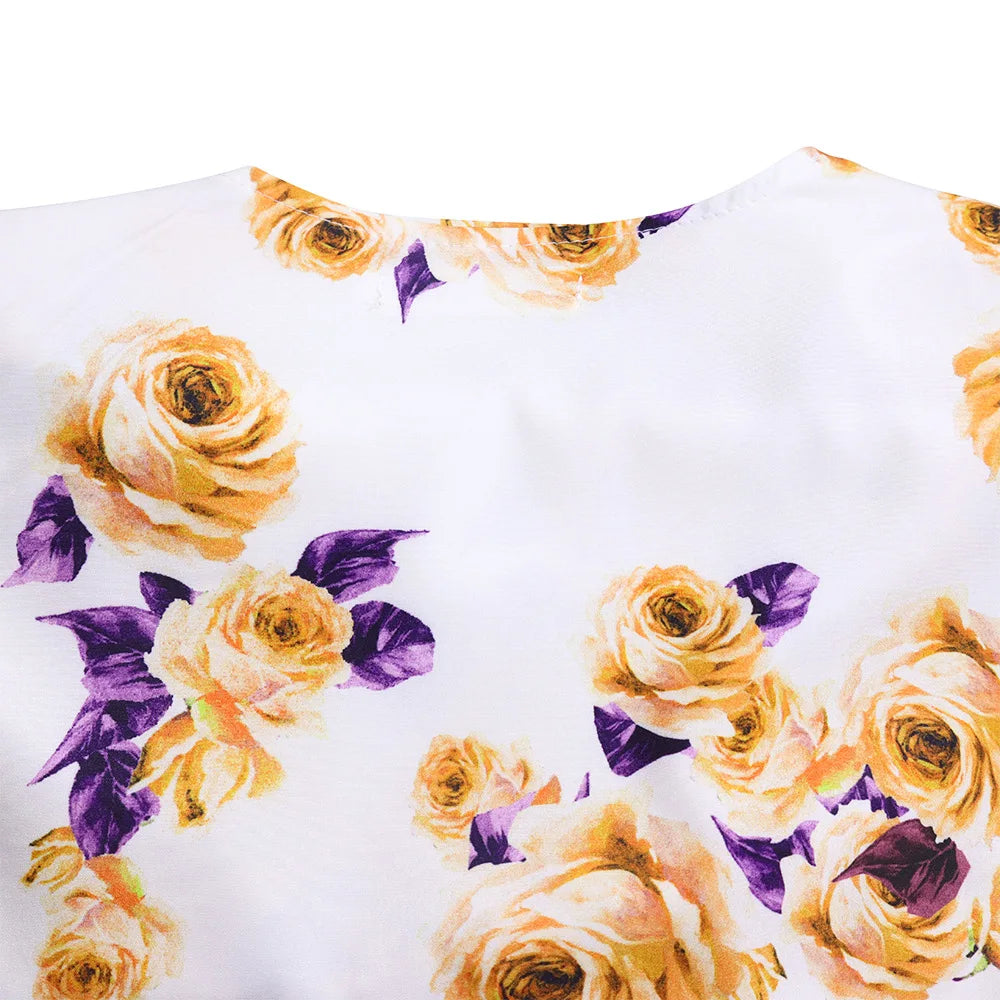 Two Piece Sets Slim Fit Print Floral Round Neck Lantern Sleeve Elegant Splice Wide Leg Long Pants