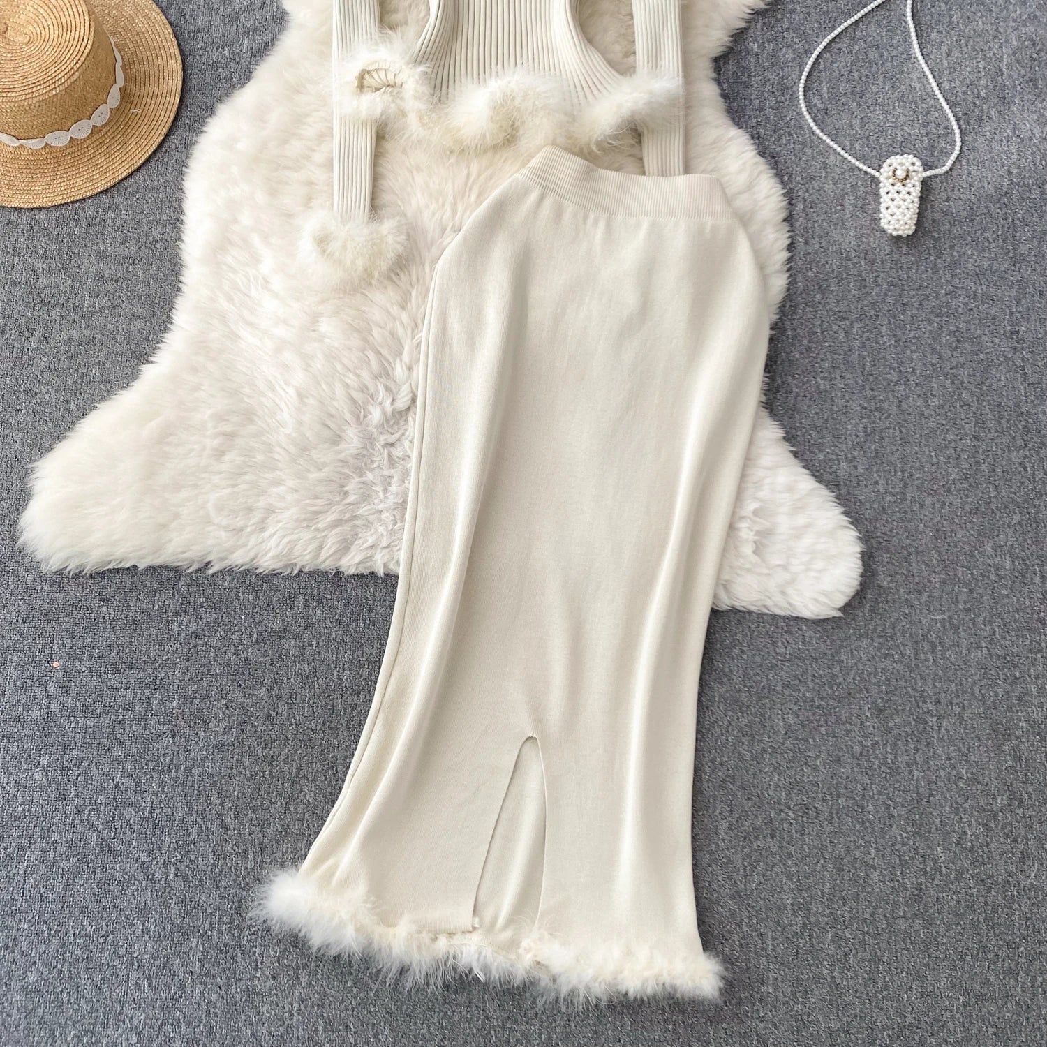 V-Neck Knitting Blouse+Elastic Waist Bodycon Skirt Autumn Winter Wear Suits