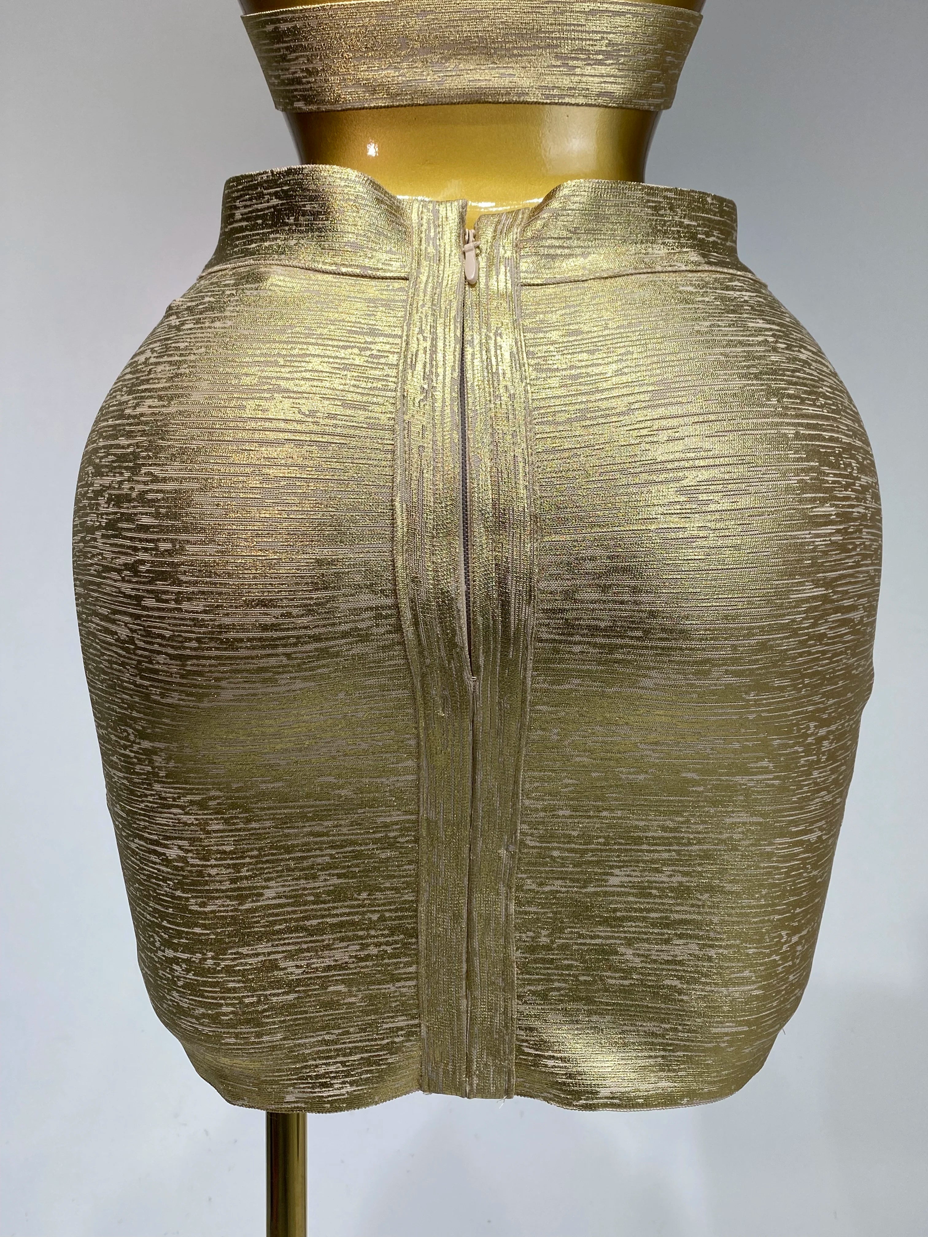 V Neck Gold Bandage Top Bodycon Skirt Two Piece Set