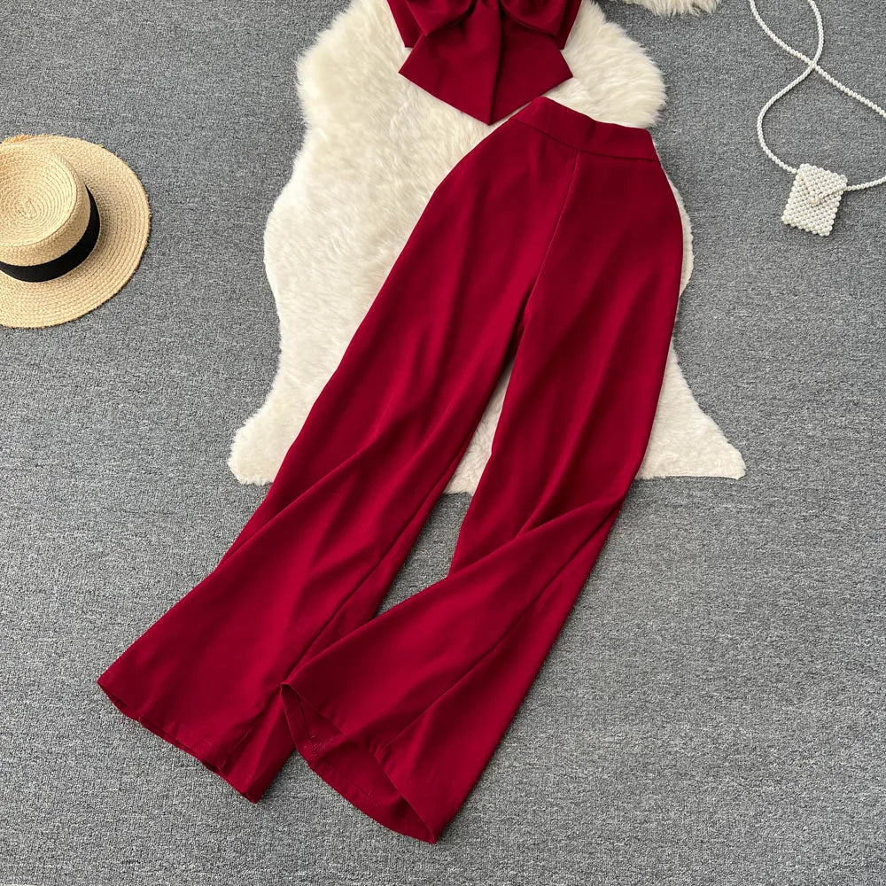 Bow Strap Top+High Waist Casual Wide Leg Long Pants Two piece Set