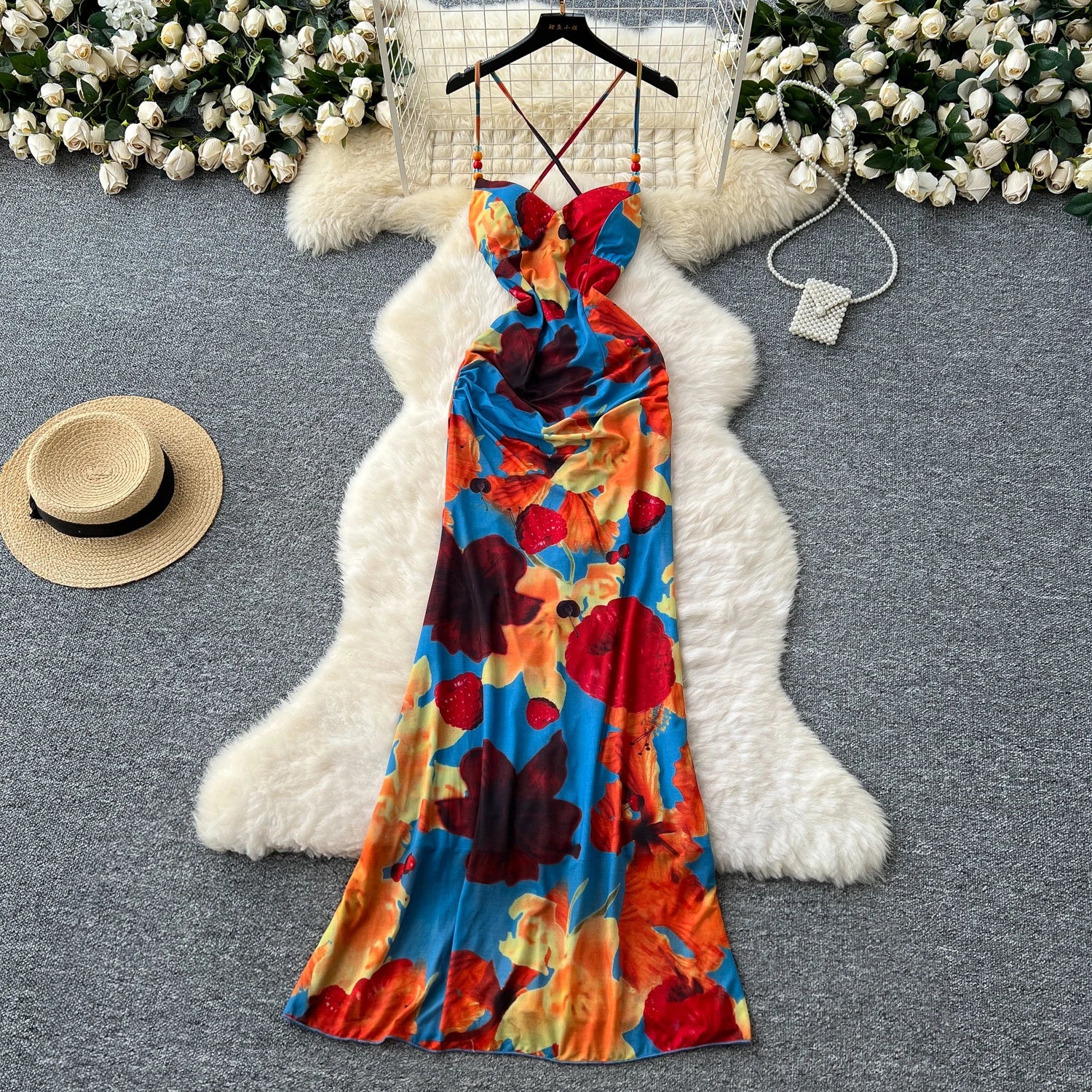 vintage print sleeveless hollow out mermaid dress