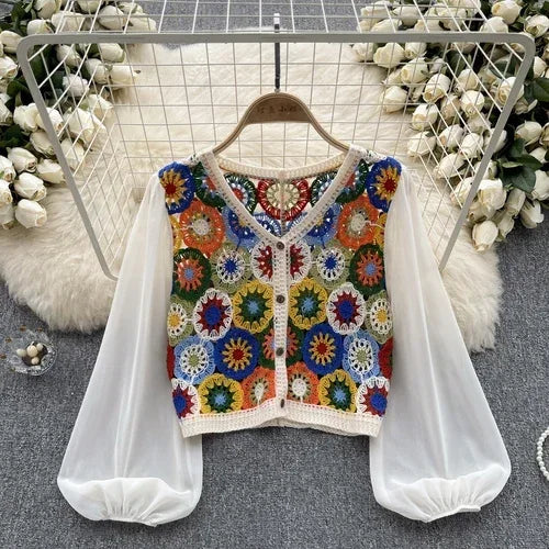 Knitting Crochet  Hollow Out Long Lantern Sleeve Blouse