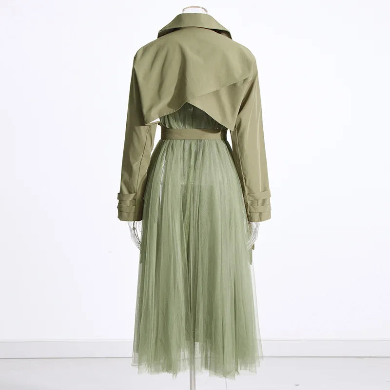 Loose Mesh Stitching Casual High Waist Long Trench Coat