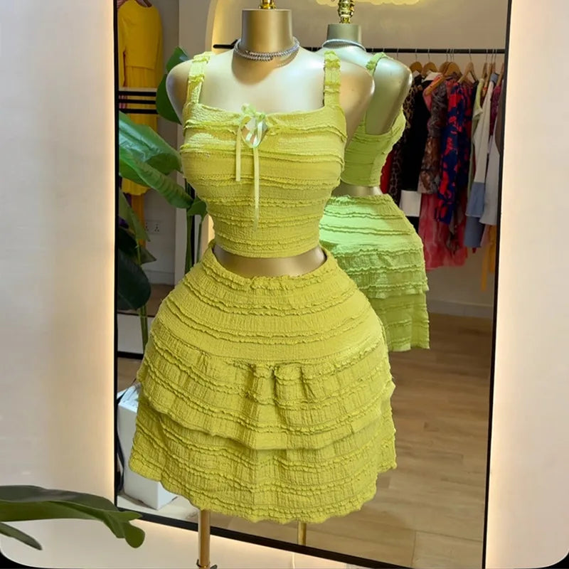 Sleeveless Tank Top and Ruched Mini A-line Skirts Two Piece Set