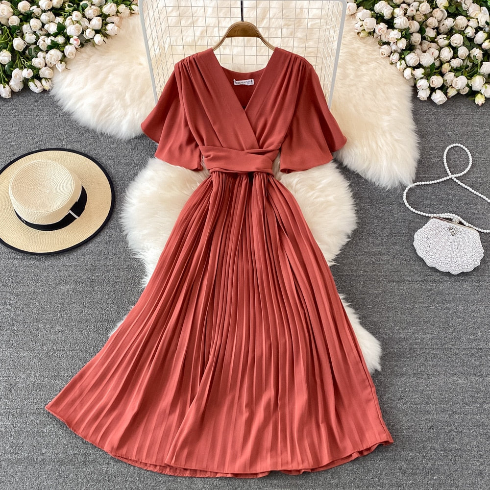 V-neck Pleated Dress